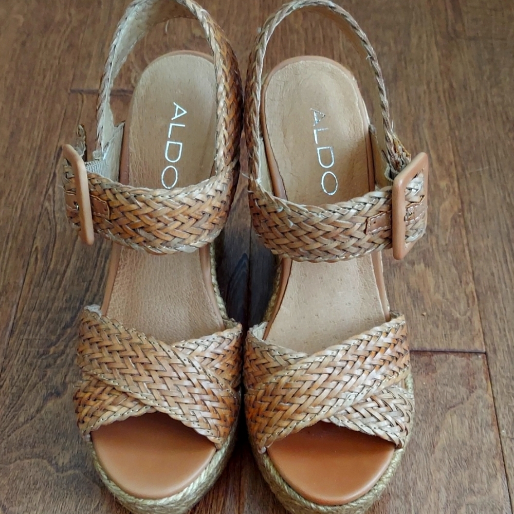 Aldo Cognac Weave Wedges